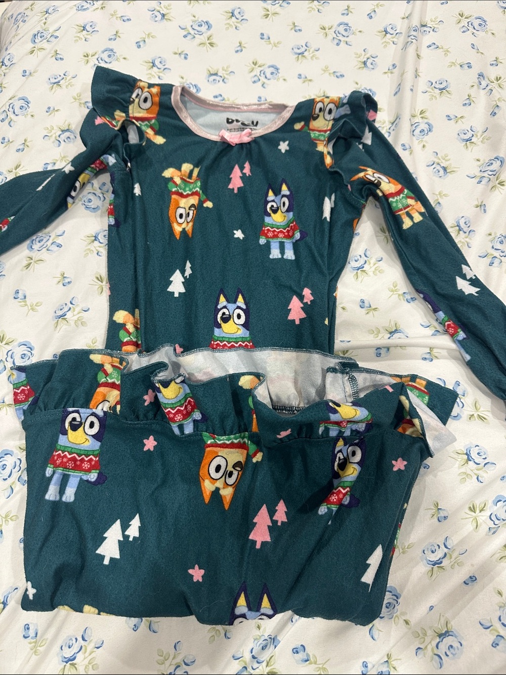 Girls Long Sleeve Teal Holiday BLUEY Nightgown with Ruffle Skirt